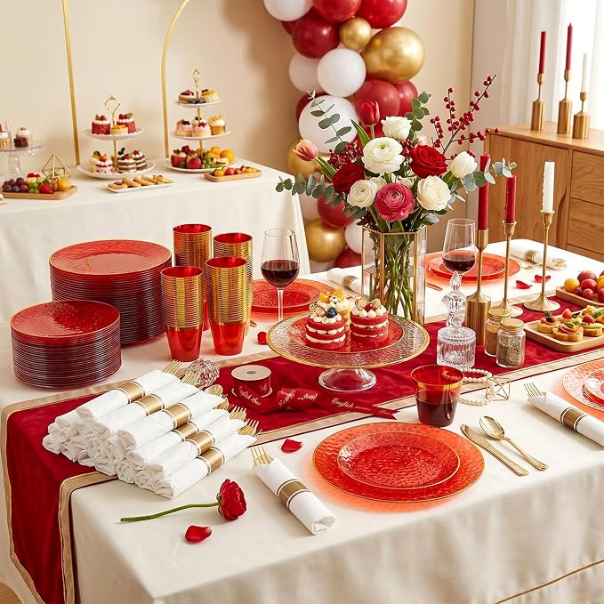 Rubtlamp 700Pcs Red Gold Plastic Dinnerware Set, Hammered Red Gold Plates - Image 6