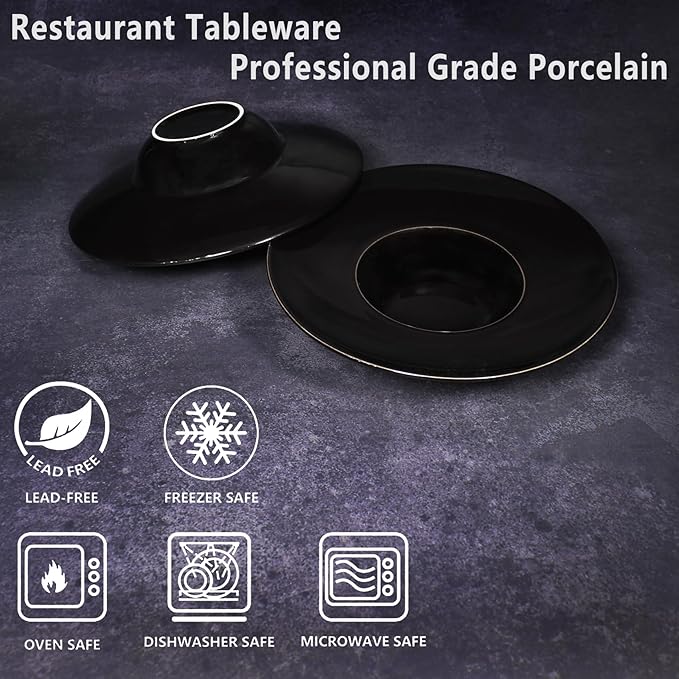 Ceramics Rimmed Soup Bowls 8.6 oz, Black 11 inch Exquisite small soup plate Set of 4, Pasta plates With Rim is the best choice for hotels, kitchens, fine restaurants and gourmets