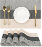 Placemats Set of 4, Vinyl Woven Place Mats Indoor Set of 4 Washable Wipeable PVC Table Mats Heat-Resistant Non Slip Plastic Placemat for Kitchen Dining Outdoor Table (Beige Black, Set of 4)