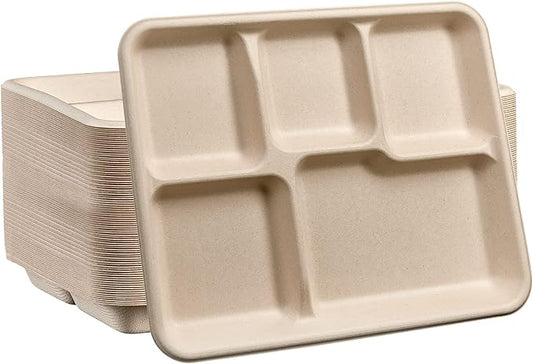 GUSTO [Case of 500 10 Inch Heavy-Duty 100% Compostable, 5 Compartment Eco-Friendly, Kraft Disposable Sugarcane Paper Plates - Brown Unbleached (Formerly Comfy Package