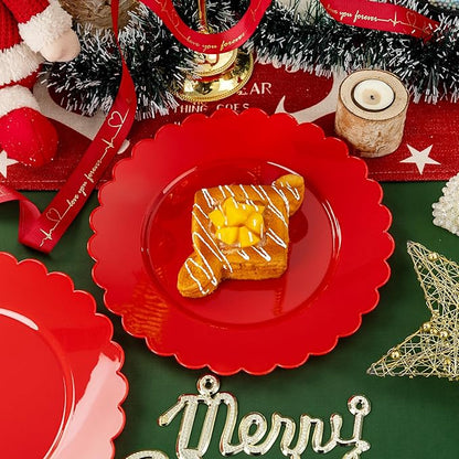 SUT 72Pcs Red Plastic Plates,10.25inch red Dinner Plates, Disposable Dinner Plates, Heavy Duty Plastic Plates, Disposable Plates,Scallop Plastic Plates for Party
