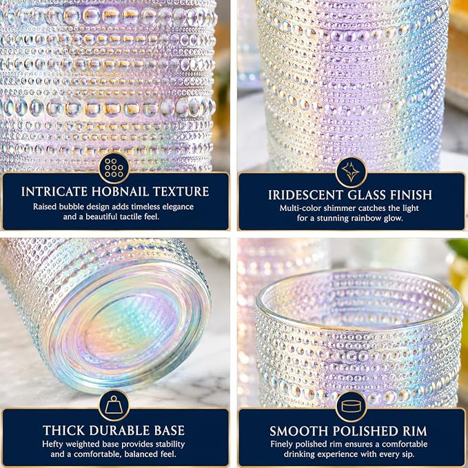 Hobnail Beaded Highball Drinking Tumbler Glasses | Set of 6 | Iridescent Pearl - Image 5