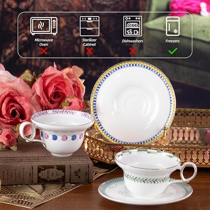 KAMMAK Tea Cups Set of 2, Ceramic Floral Pattern Demitasse Cup | Porcelain - Image 3