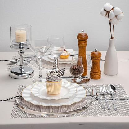 120PCS Pearl White Plastic Plates, Heavy Duty Disposable Party Plates with Gold Rim, 60 Dinner & 60 Dessert for Parties and Wedding