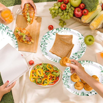 50Pcs Sage Green Oval Paper Plates 10" x 12" Large Disposable Heavy Duty Watercolor Eucalyptus Paper Platters Sage Floral Green Leaves Dessert Plates for Baby Shower Picnic Wedding Dinner Supplies