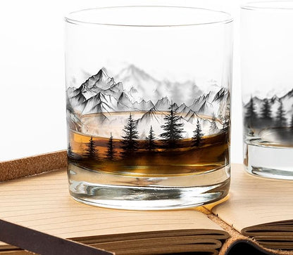 Black Lantern Whiskey Glass Set - Old Fashioned Tumbler Glasses for Cocktails Bourbon Scotch and Whisky - Nature Graphics - Two 11oz. Tumblers with Heavy Base (Mountain Mist)