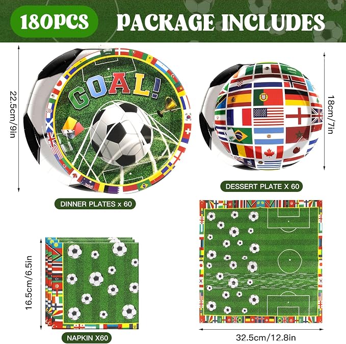 180pcs Soccer Plates and Napkins Party Supplies, Serves 60 | International - Image 2