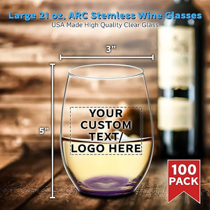 DISCOUNT PROMOS 100 ARC Stemless Wine Glasses Set, 21 oz. - Customizable Text, Logo - Chardonnay, Cabernet, Merlot, Sauvignon - Purple