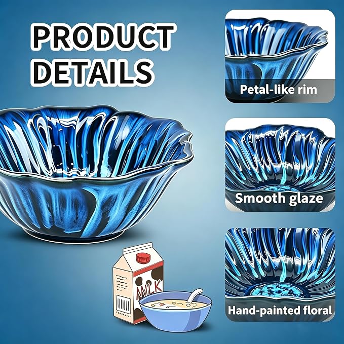 KOOV 24oz Deep Cereal Bowls Set of 4, Vintage Hand-Painted Porcelain Soup Bowls - Image 2