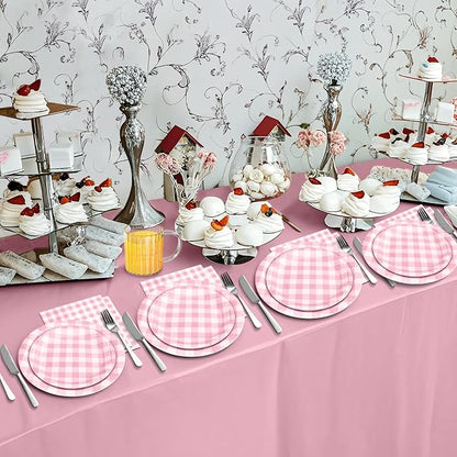 180Pcs Pink Gingham Party Supplies Paper Plates and Napkins Serve 60 | - Image 7
