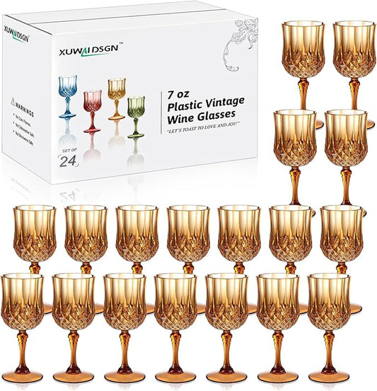XUWAIDSGN 7oz Plastic Vintage Wine Glasses Drinking Glasses Unbreakable Wedding Glassware Crystal Water Goblets Reusable Drinkware Vintage Champagne Flutes (24, Brown)
