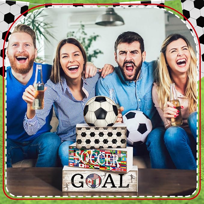 Moucuny 4 Pcs Soccer Table Decor Wooden Sport Tiered Tray Decor National Flags - Image 4