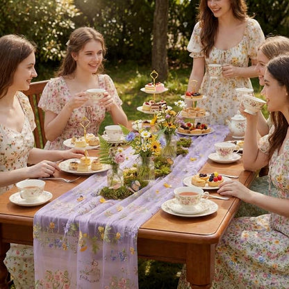 Purple Floral Table Runner 10ft Embroidery Tulle Spring Wildflower Gauze Table - Image 2