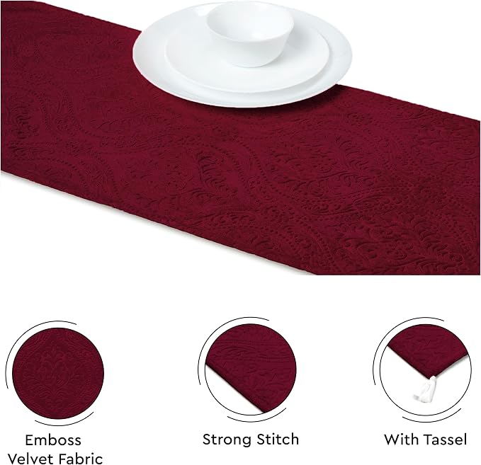 Encasa XO Table Runner, Embossed Velvet, Elegant 13"x94" | Maroon, 175 GSM - Image 3