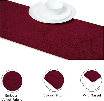 Encasa XO Table Runner, Embossed Velvet, Elegant 13"x94" | Maroon, 175 GSM - Image 3