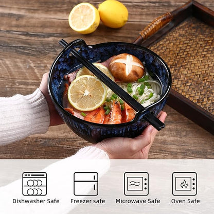 Ramen Bowl with Chopsticks and Spoons Set, 7 Inch Ceramic Noodle Bowl Set of 2, Dishwasher Safe for Pho Udon Soba Noodle Salad Pasta, Special Reactive Glazed Navy Bowls Set