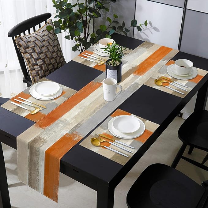 Emvency Table Runner and Placemats Set of 6, Farmhouse Modern Painting | Orange - Image 6