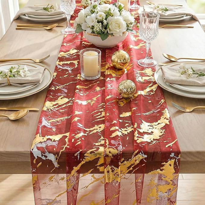 Artoid Mode Marble Pattern Red Gauze Table Runner 10FT, Glitter Metallic Foil - Image 6