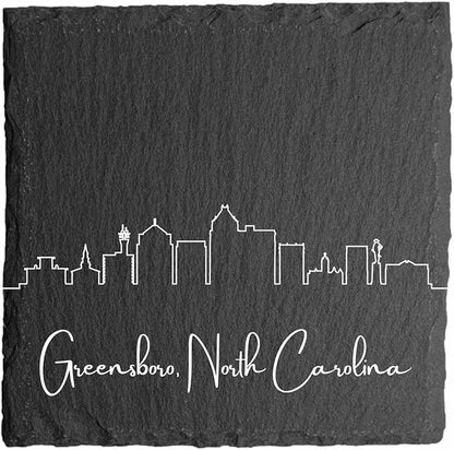 Blue Ridge Mountain Gifts - Greensboro NC Skyline Coasters, Set of 4 - Greensboro North Carolina Souvenir, Slate Coasters with Minimalist Skyline, Housewarming Gift for Friends, Family, & Neighbors