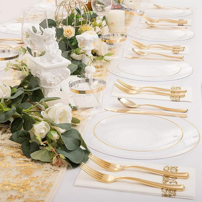 Nervure 100 Pieces Clear and Gold Plastic Plates - 10.25inch Gold Dinner Plate - Heavyweight Clear Disposable Plates Ideal for Party & Wedding