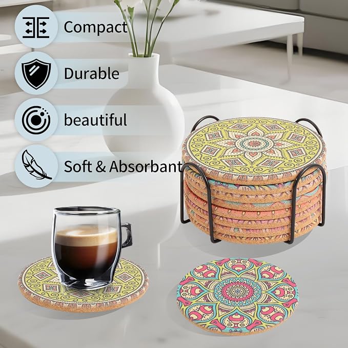 Cork Coasters Set of 8 with Holder, Colorful Drink Coaster - Image 6