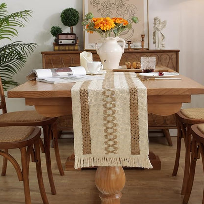 Boho Table Runner with Tassels 12 x 120 Inches Long, Cream & Brown Rustic - Image 3
