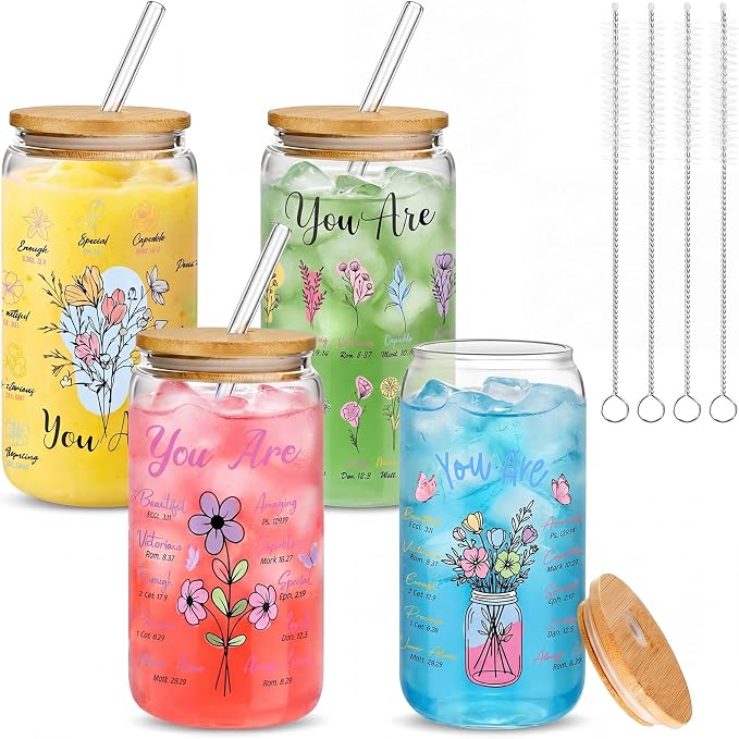 Mumufy 4 Pack Wildflower Glass Cups Gift Aesthetic Cute Glass Cup Tumbler by Mumufy
