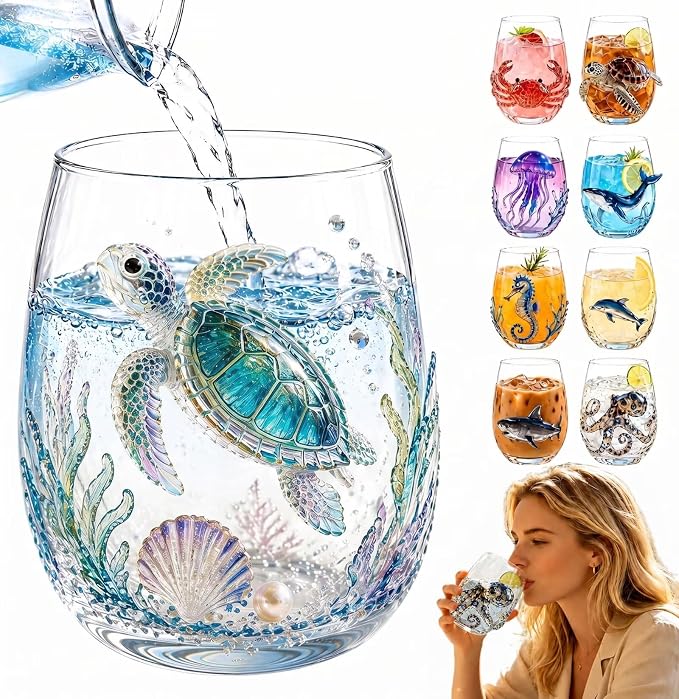 Green Sea Turtle Artisanal Glass, 3D Marine Animal Wine Tumbler | Unique Ocean by Unknown