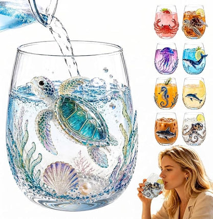Green Sea Turtle Artisanal Glass, 3D Marine Animal Wine Tumbler | Unique Ocean by Unknown