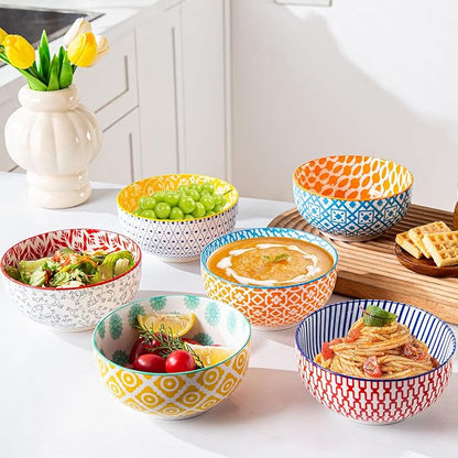 Ceramic Soup Bowls Set - 23 Oz Deep Cereal Bowl for kitchen - 6 Inch Porcelain Salad Bowl for Pasta, Dessert, Ramen - Microwave Dishwasher Safe - Set of 6 - Assorted Colors