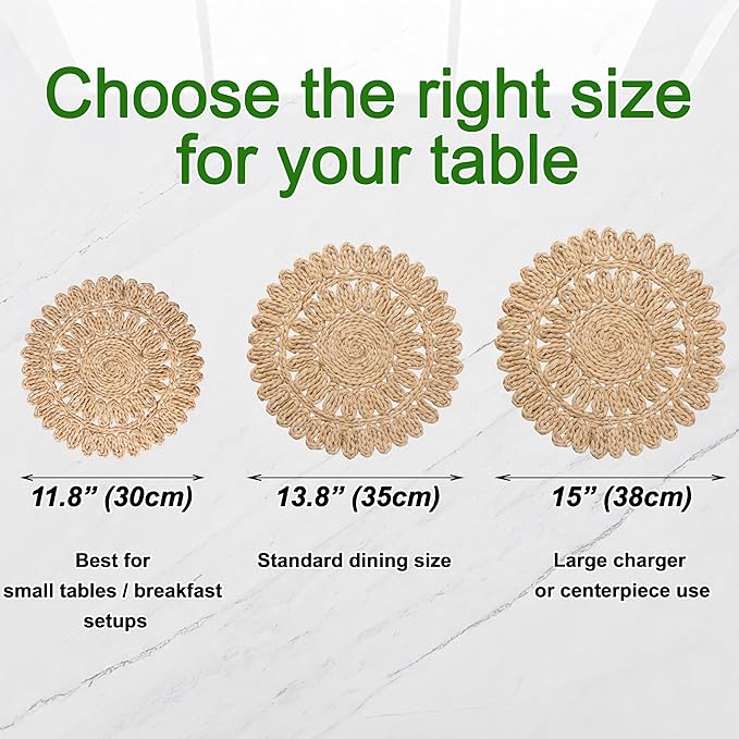 13.8" Set of 6 Round Corn Husk Placemats | Boho Woven Rattan Table Mats | Farmhouse Wicker Spring Plate Chargers Like Water Hyacinth, Seagrass for Wedding, Party, Christmas, Events