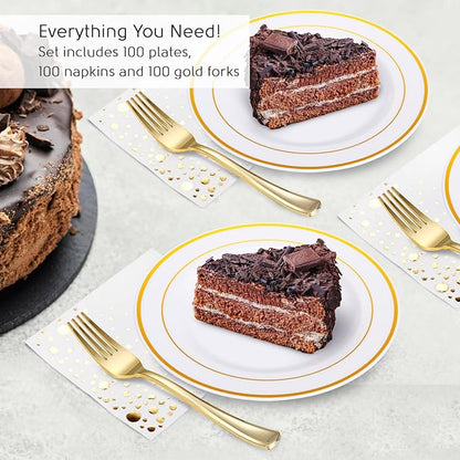 The Essential Concierge 100 Stylish Gold Dessert Plates, Forks and Cocktail Napkins - 7.5 Inch Wedding Cake Plates for Events including Wedding Reception, Parties or Showers