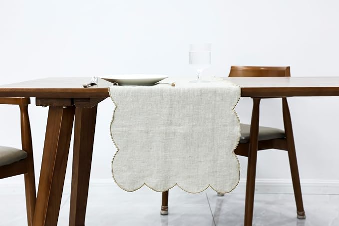 100% Natural Linen Rustic Scalloped Embroidery Table Runner 144 Inches Long by AORISSI