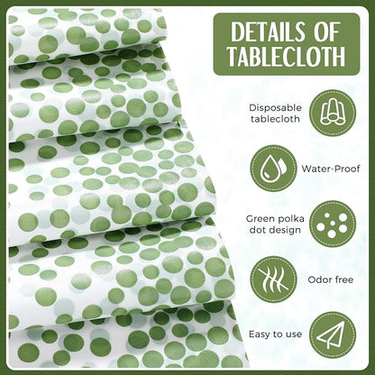 8 Pack White and Sage Green Disposable Plastic Tablecloths and Satin Table - Image 3
