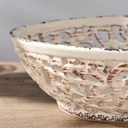 SIDUCAL Ceramic Fruit Bowl for Kitchen Counter,Decorative Fruit Basket with Holes, 10.43" Large Hollow Out Fruit Vegetable Holder Bowl for Table Decor, Beige