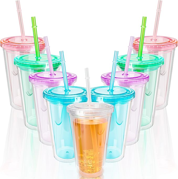 9 Set 16 oz Insulated Plastic Tumbler Double Wall Plastic Cup by Unknown