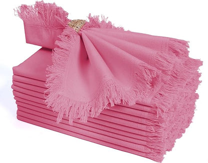 Bedding Craft Cotton Cloth Dinner Napkins Set of 12 – 18x18 Baby Pink with Frayed Selvedge Edges – Reusable Machine Washable Fabric Napkins for Weddings, Baby Showers, Parties & Dining
