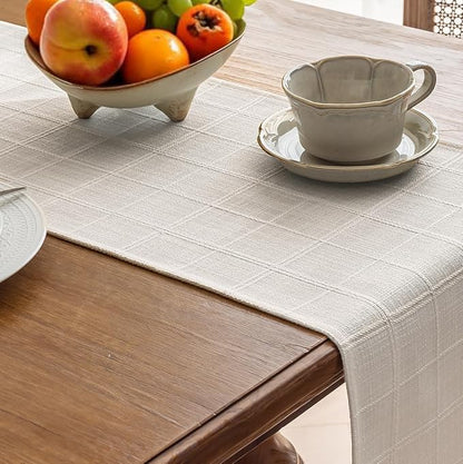 Linen Textured Table Runner, Machine Washable, Farmhouse Neutral Checked table - Image 4