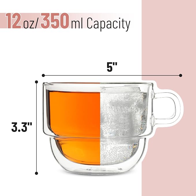 BTaT- Double Walled Stackable Glass Coffee Mugs, 12 oz, Glass Coffee Cups - Image 3
