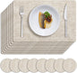 MOSAYT Placemats Set of 8, Heat Resistant Vinyl Place Mats with Coasters, Wipeable Washable 100% Waterproof Oil Proof Faux Leather Table Mats for Kitchen Dining Party Indoor Outdoor, 12" x 17", Beige