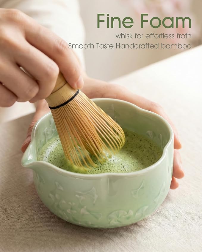 4-Piece Matcha Set, Crystal Glazed Bowl and Bamboo Whisk | Handcrafted Petal - Image 9