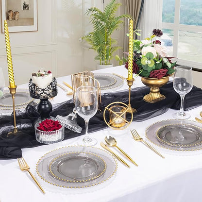 EI 60pcs Clear Black and Gold Plastic Plates Disposable Plates Heavy Duty,10.25" Dinner & 7.5" Dessert Clear Black Plate Perfect Wedding,Party,Birthday,Anniversary,Business Events