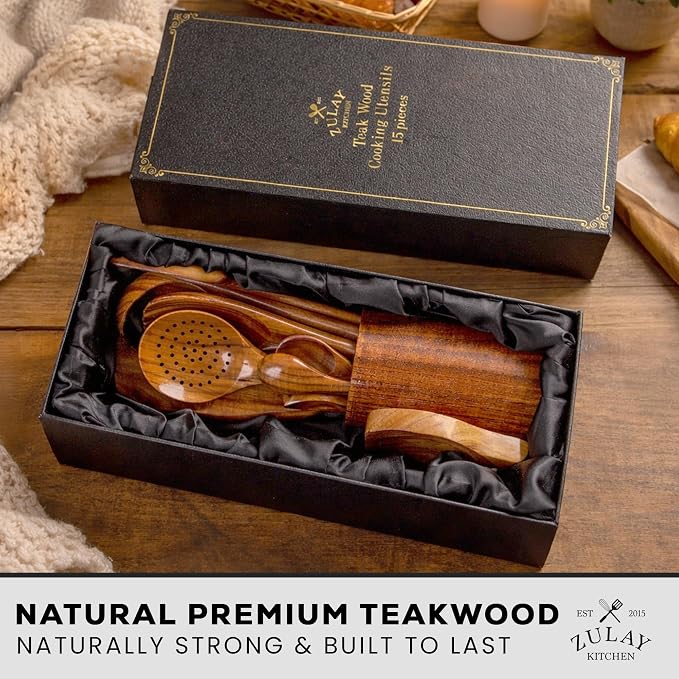 Zulay Kitchen 15-Piece Teak Wooden Utensils - Image 9
