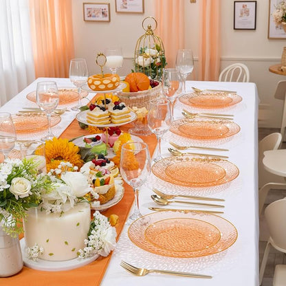 Rubtlamp 100 Pcs Clear Orange Gold Plastic Plates, Hammered Orange Party Plates,Heavy duty Dessert Plates,Disposable Salad/Dessert Platos,Clear Gold Plastic Platos 7 Inch For Thanksgiving,Halloween