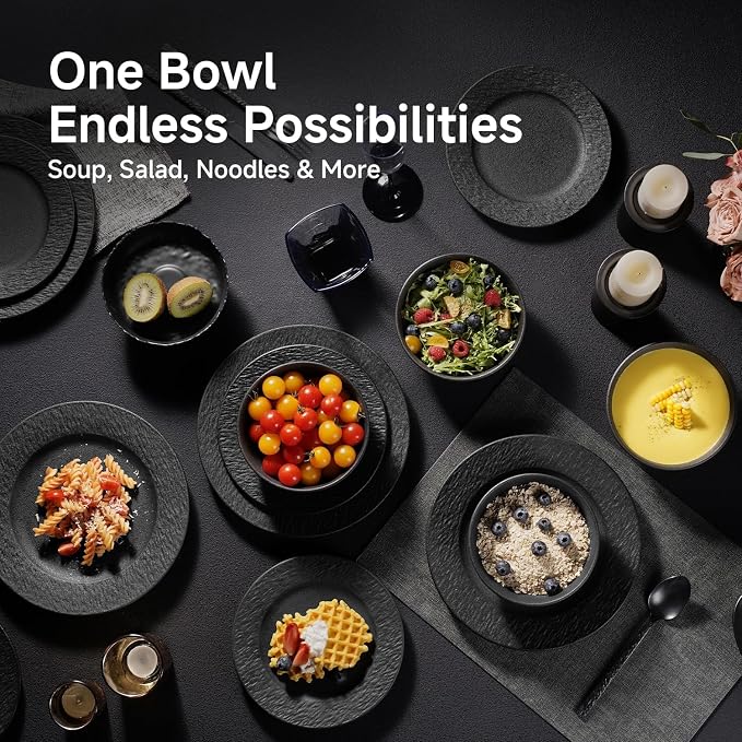 Bowl Set of 6, 20.4 oz Matte Marble Pattern Stoneware Soup Bowls | Black - Image 8