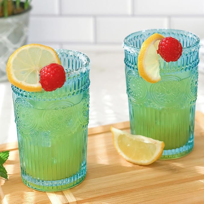 Kate Aspen Vintage Textured Aqua Blue Striped Drinking Glasses Set of 6-13 oz - Image 2