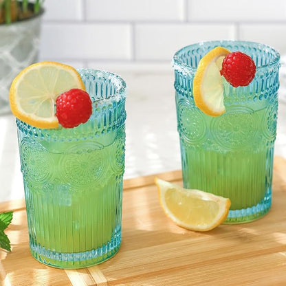 Kate Aspen Vintage Textured Aqua Blue Striped Drinking Glasses Set of 6-13 oz - Image 2