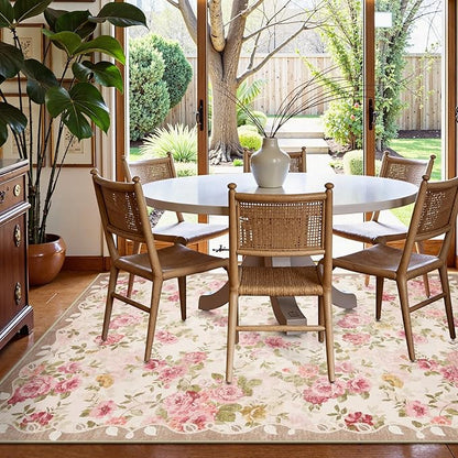 Lahome Washable Area Rug 6x9,Nursery Rug Girl Living Room Rug 6x9, Vintage Girls Rugs for Bedroom Ultra-Thin Non Slip Carpet for Playroom Dining Room Dorm (6'X9',Beige)