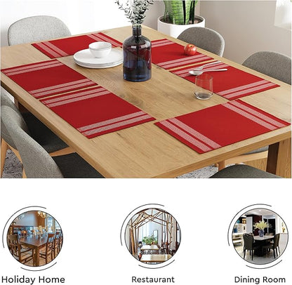 Encasa XO Dining Placemat Set of 6 | Ladder Red Color | Fine Ribbed Cotton Table mat | Size 18x13 in | Machine Washable