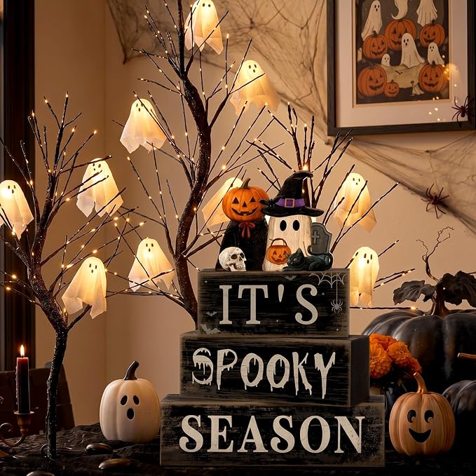 Moucuny 4 Pcs Halloween Table Decoration Pumpkin Ghost Wooden Stacked Block - Image 7